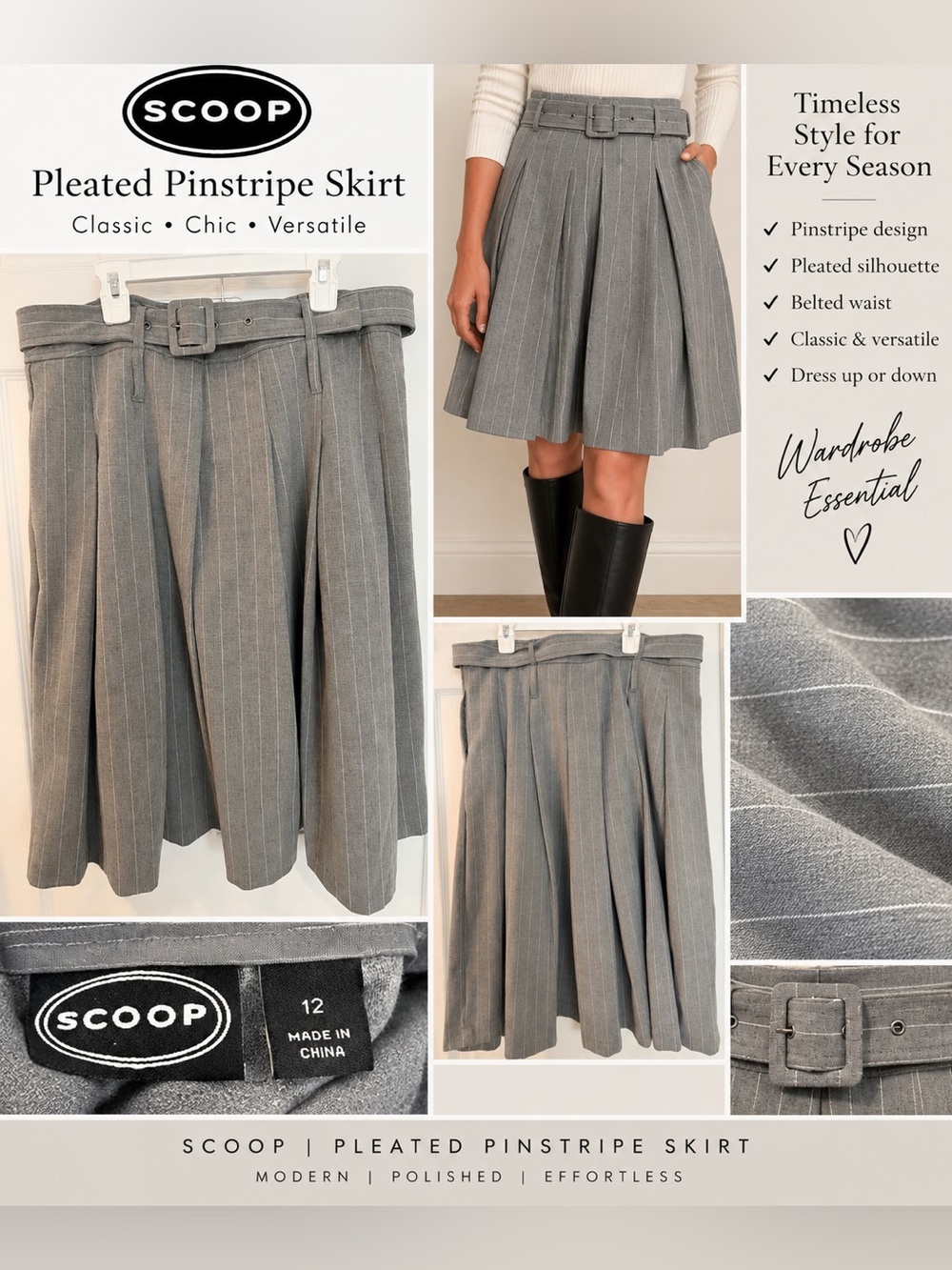 SCOOP Gray Pinstripe Pleated Midi Skirt Belted Size 12